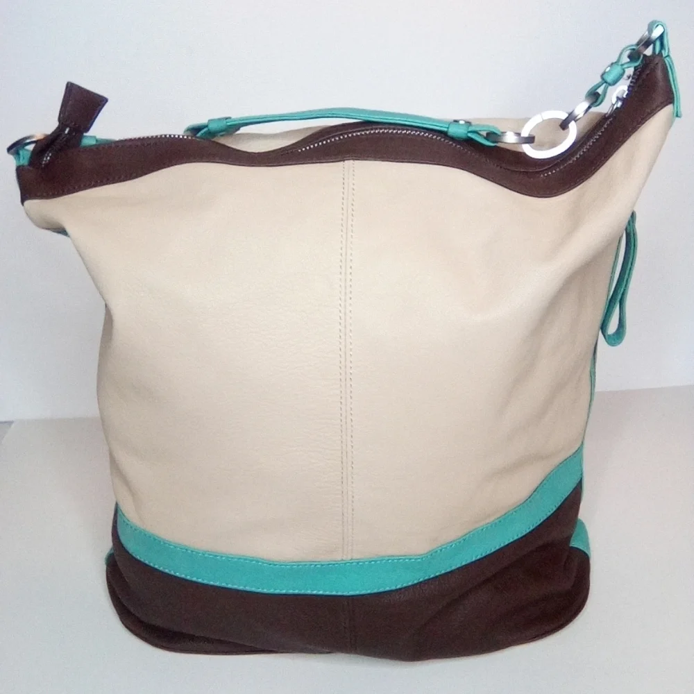 Kenneth Cole Women's Cream, Brown & Teal Hobo Handbag, Preowned, Genuine Leather